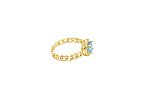 14KT Gold Ring Women's Square Turquoise Center with White CZ Stones Border Chino Link Band