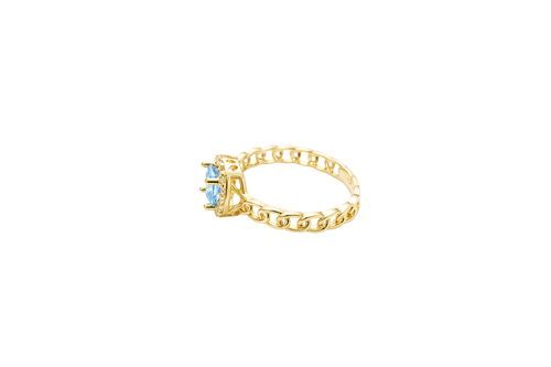 14KT Gold Ring Women's Square Turquoise Center with White CZ Stones Border Chino Link Band