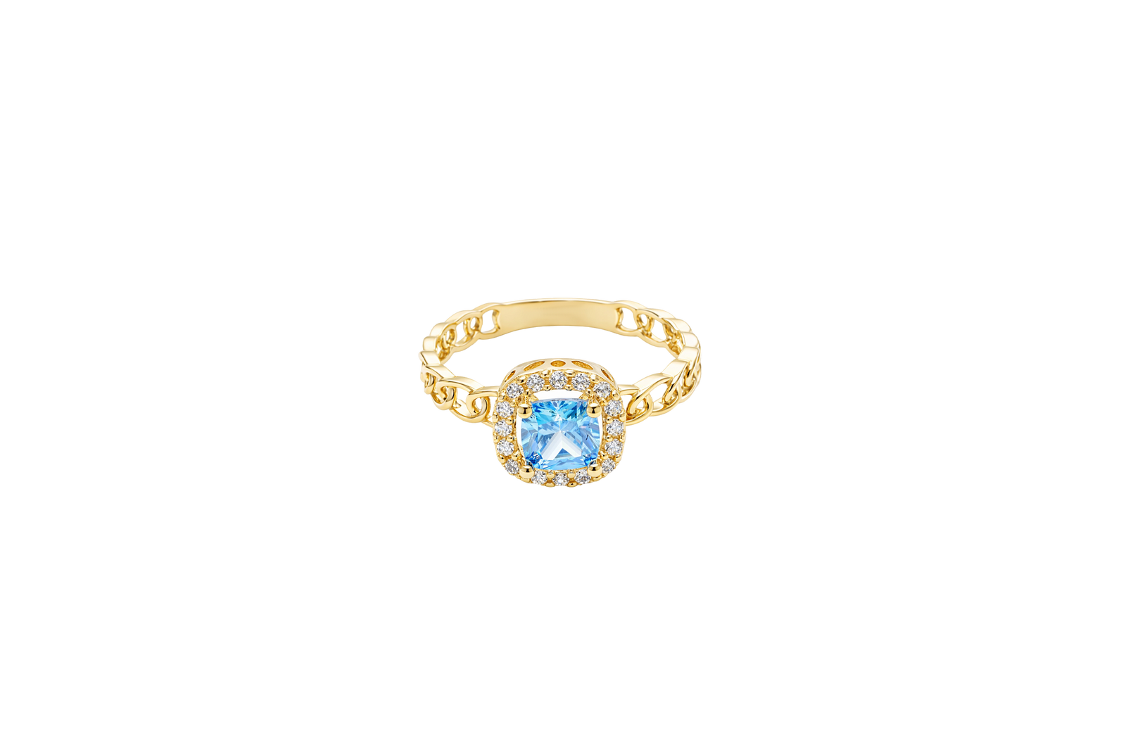 14KT Gold Ring Women's Square Turquoise Center with White CZ Stones Border Chino Link Band