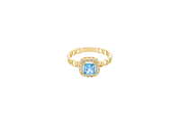 14KT Gold Ring Women's Square Turquoise Center with White CZ Stones Border Chino Link Band