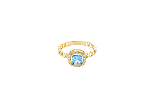 14KT Gold Ring Women's Square Turquoise Center with White CZ Stones Border Chino Link Band