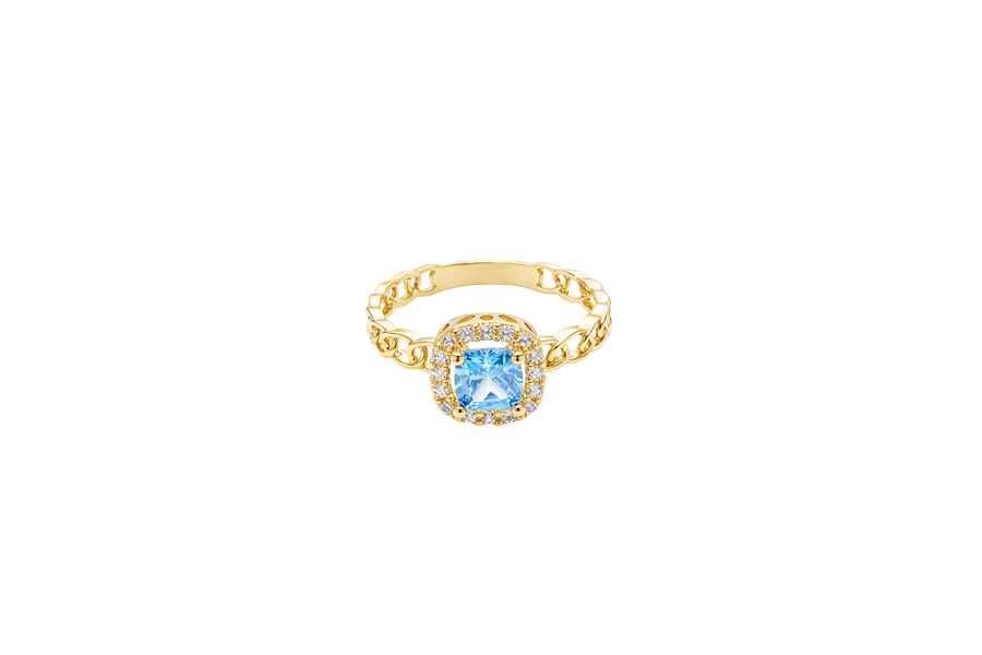 14KT Gold Ring Women's Square Turquoise Center with White CZ Stones Border Chino Link Band