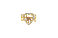 14KT Gold Ring Women's Two Tone "15" Quinceanera Open Basketball Heart Center Triple Open Hearts with Round White CZ Stones Border Plain Band