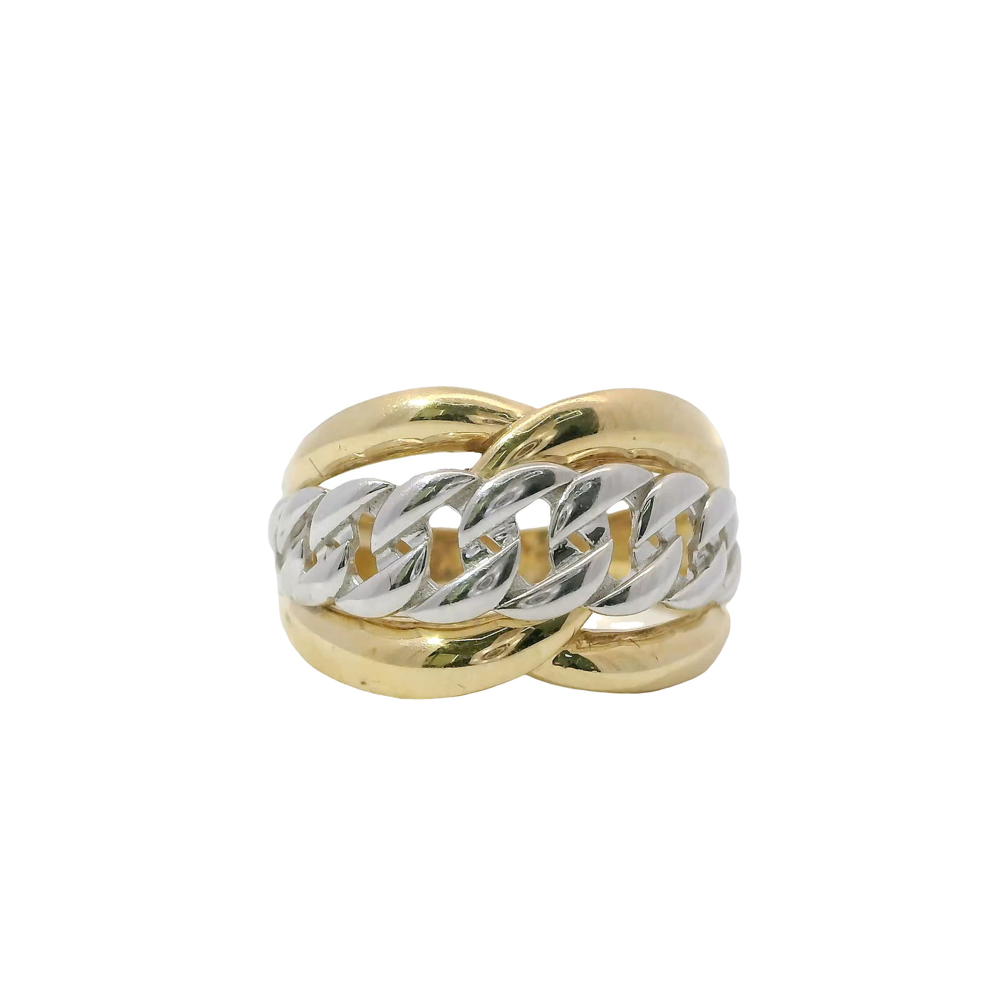 14KT Gold Ring Women's Two Tone Double Lasso / Miami Link Center Band Design