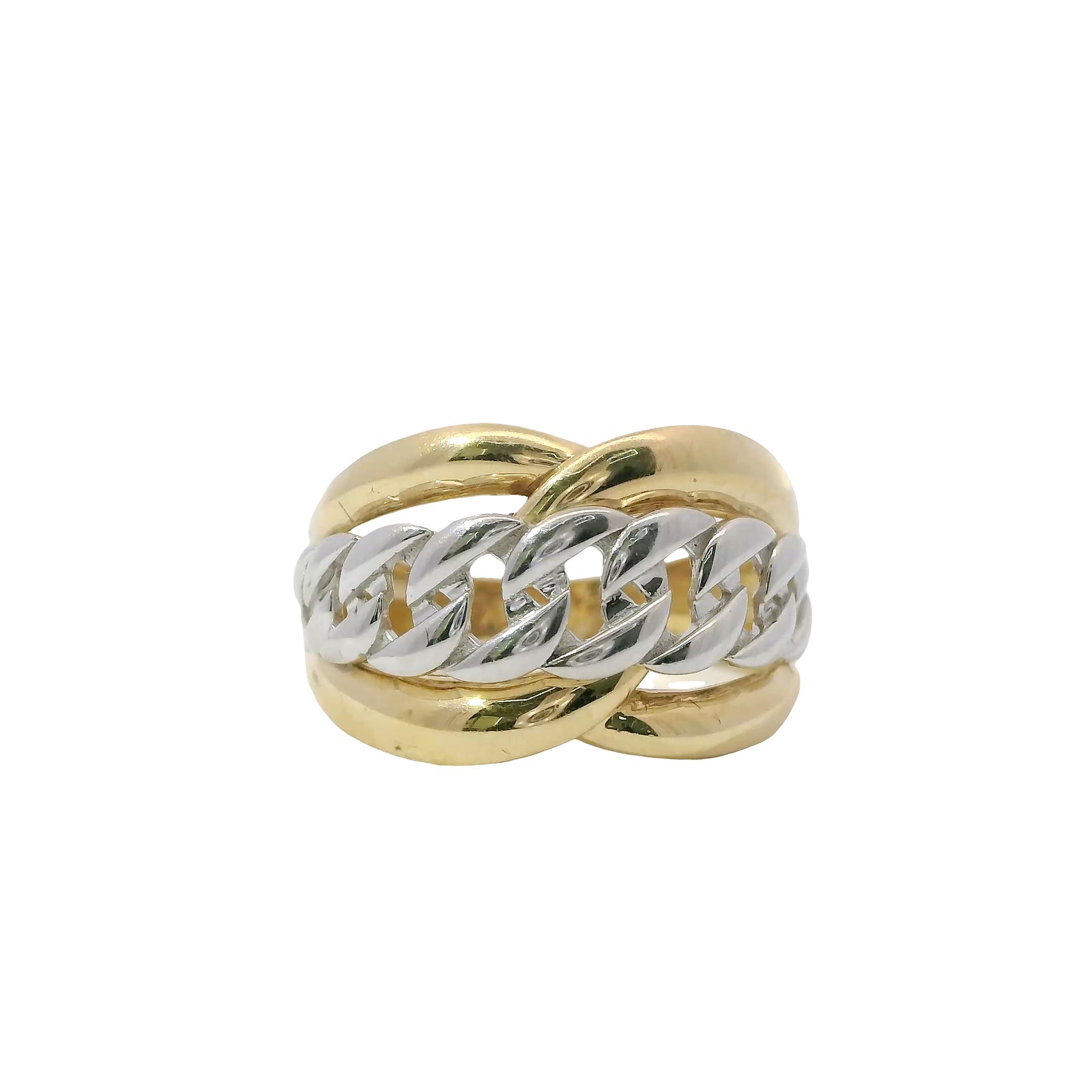 14KT Gold Ring Women's Two Tone Double Lasso / Miami Link Center Band Design
