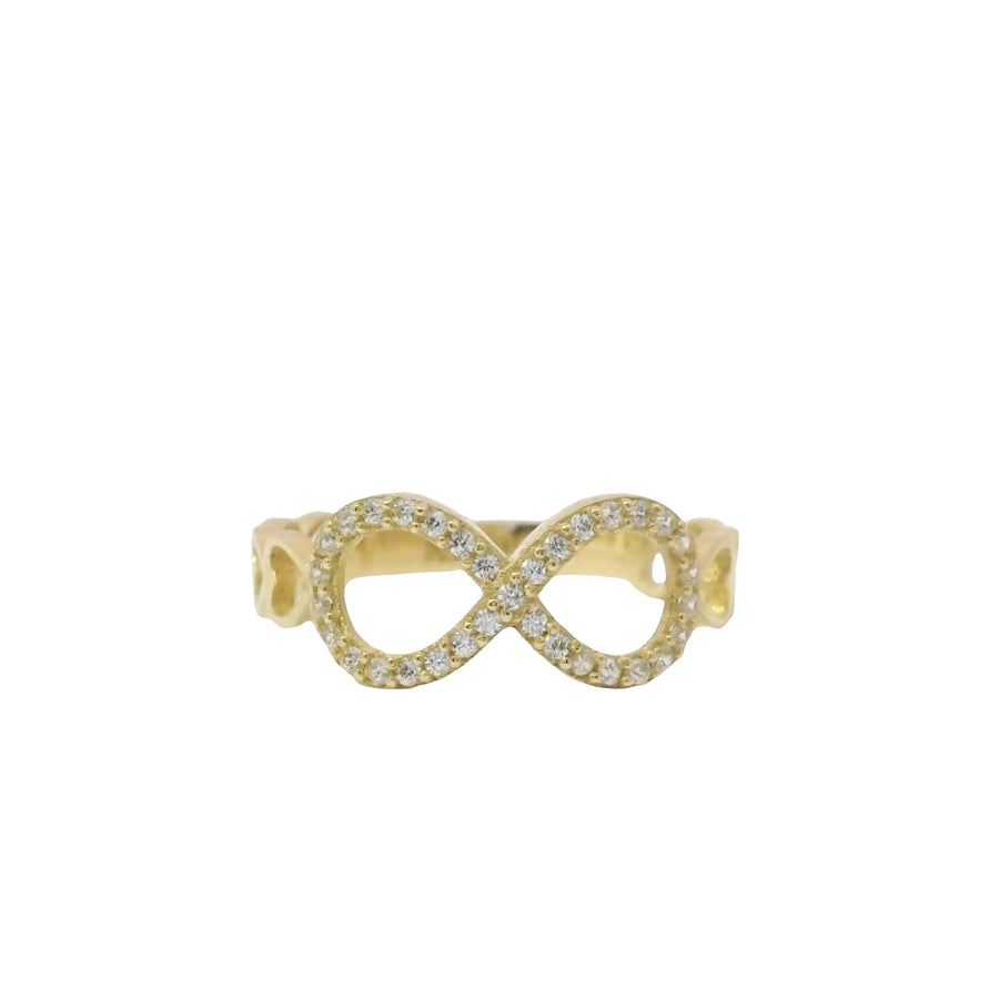 14KT Gold Ring Women's White CZ Stone Infinity Loop with Four Plain Open Hearts on Sides of Band