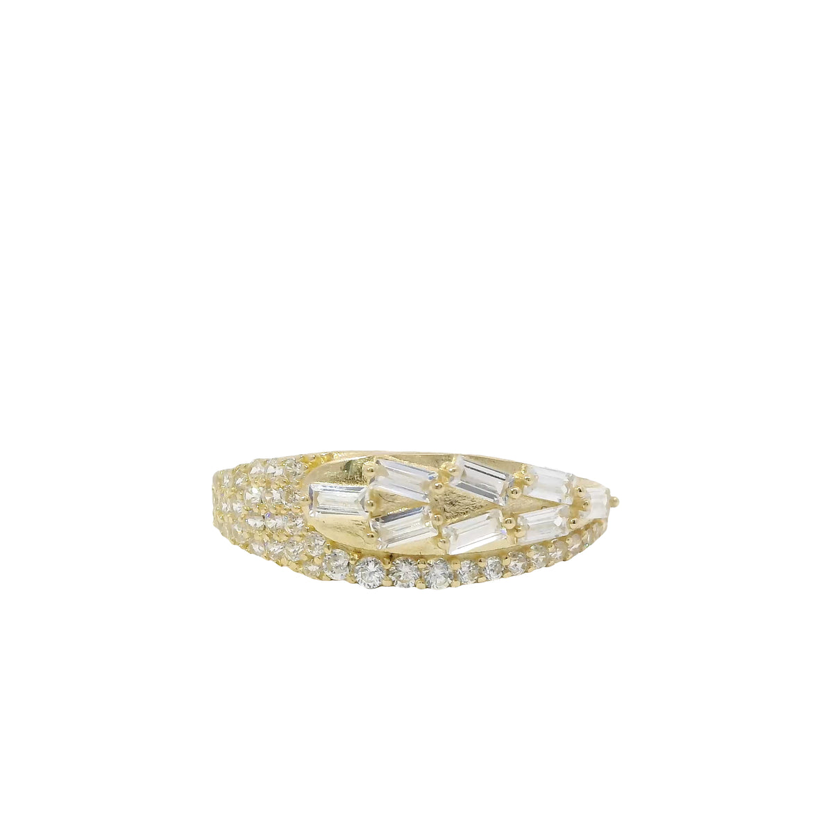 14KT Gold Ring Women's Light Weight White CZ Baguette Stones Wheat Stem Closed Lasso with Round White CZ Stones Borde and Band