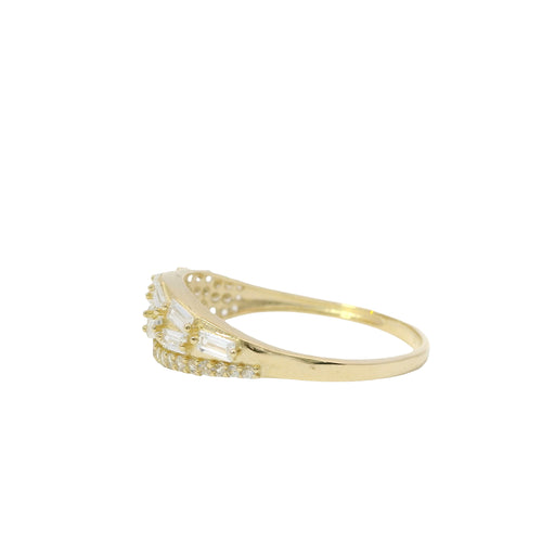 14KT Gold Ring Women's Light Weight White CZ Baguette Stones Wheat Stem Closed Lasso with Round White CZ Stones Borde and Band