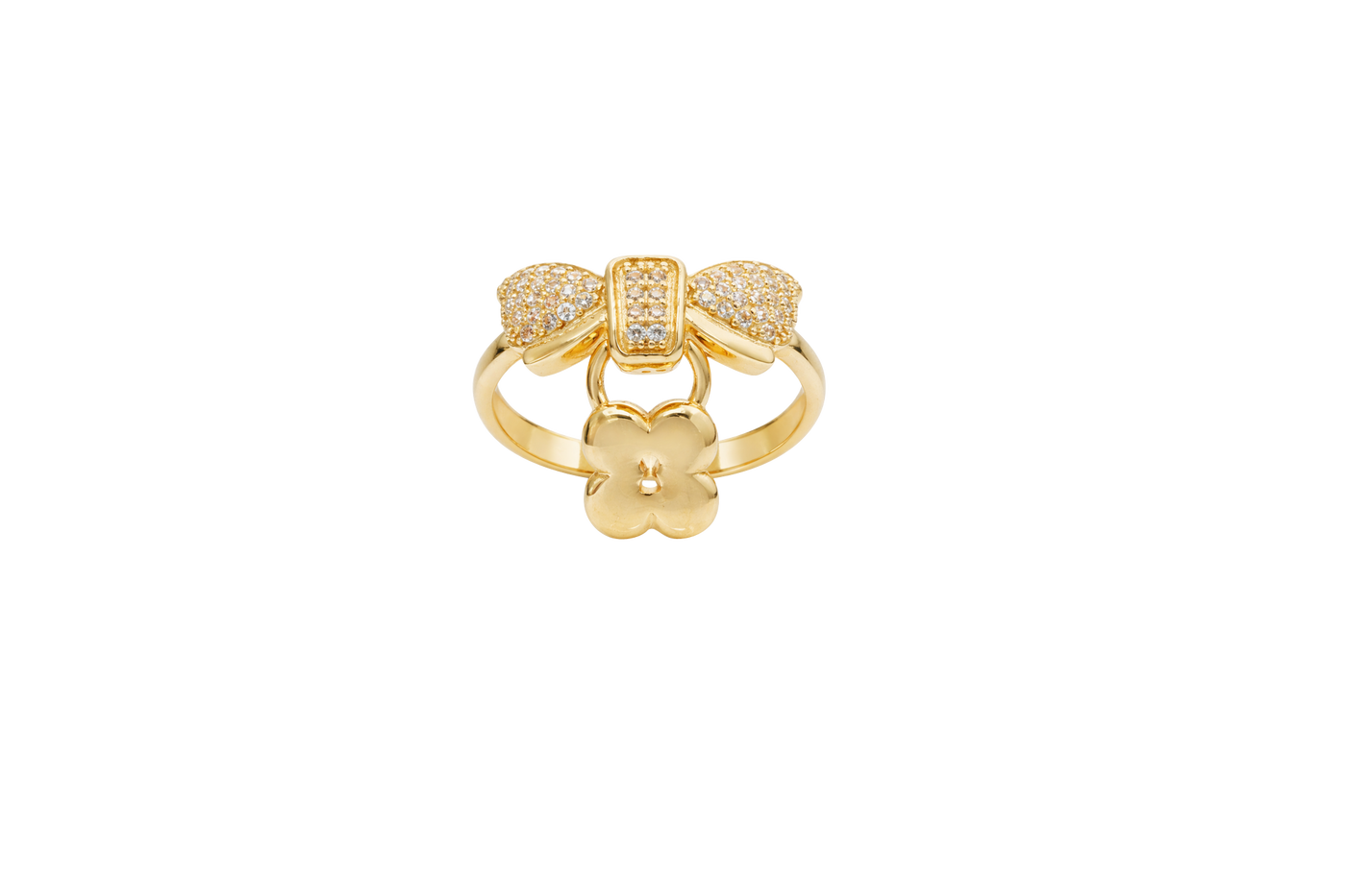 14KT Gold Ring Women's White CZ Stones Bow with Plain Border and Hanging Square Lock