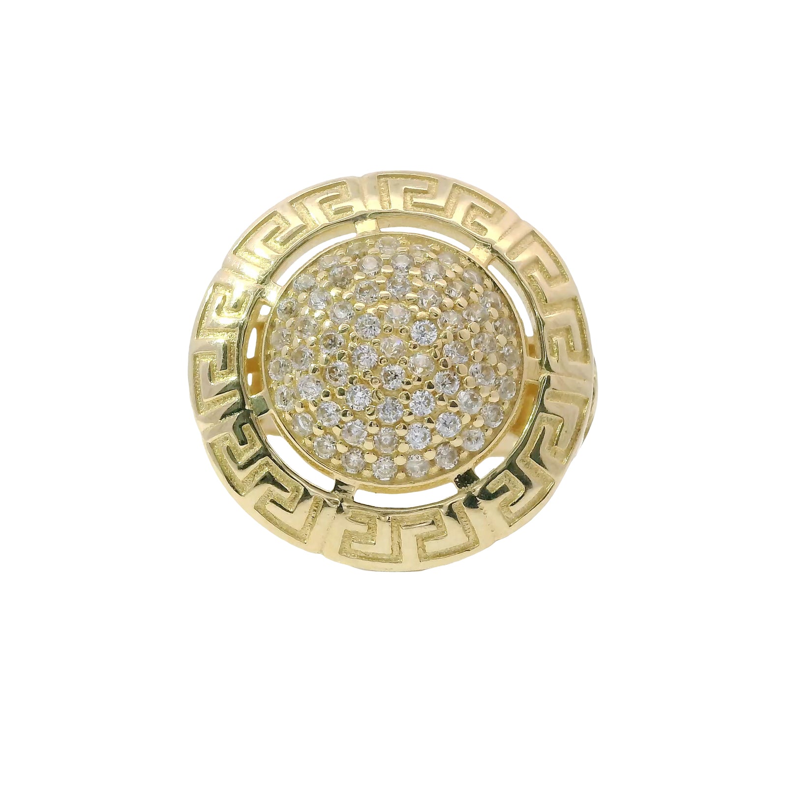 14KT Gold Ring Women's White CZ Stone Dome Center with Greek Border and Embossed Medusa on Side of Band