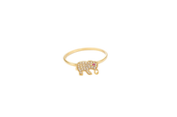 14KT Gold Ring Women's White CZ Stone Elephant with Plain Border and Dark Pink Eye Plain Band