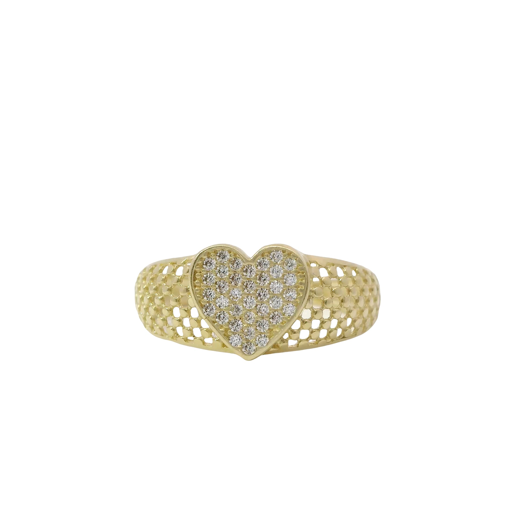 14KT Gold Ring Women's White CZ Stones Heart Shape Cluster Center with Plain Borders and Honeycomb Mesh Band