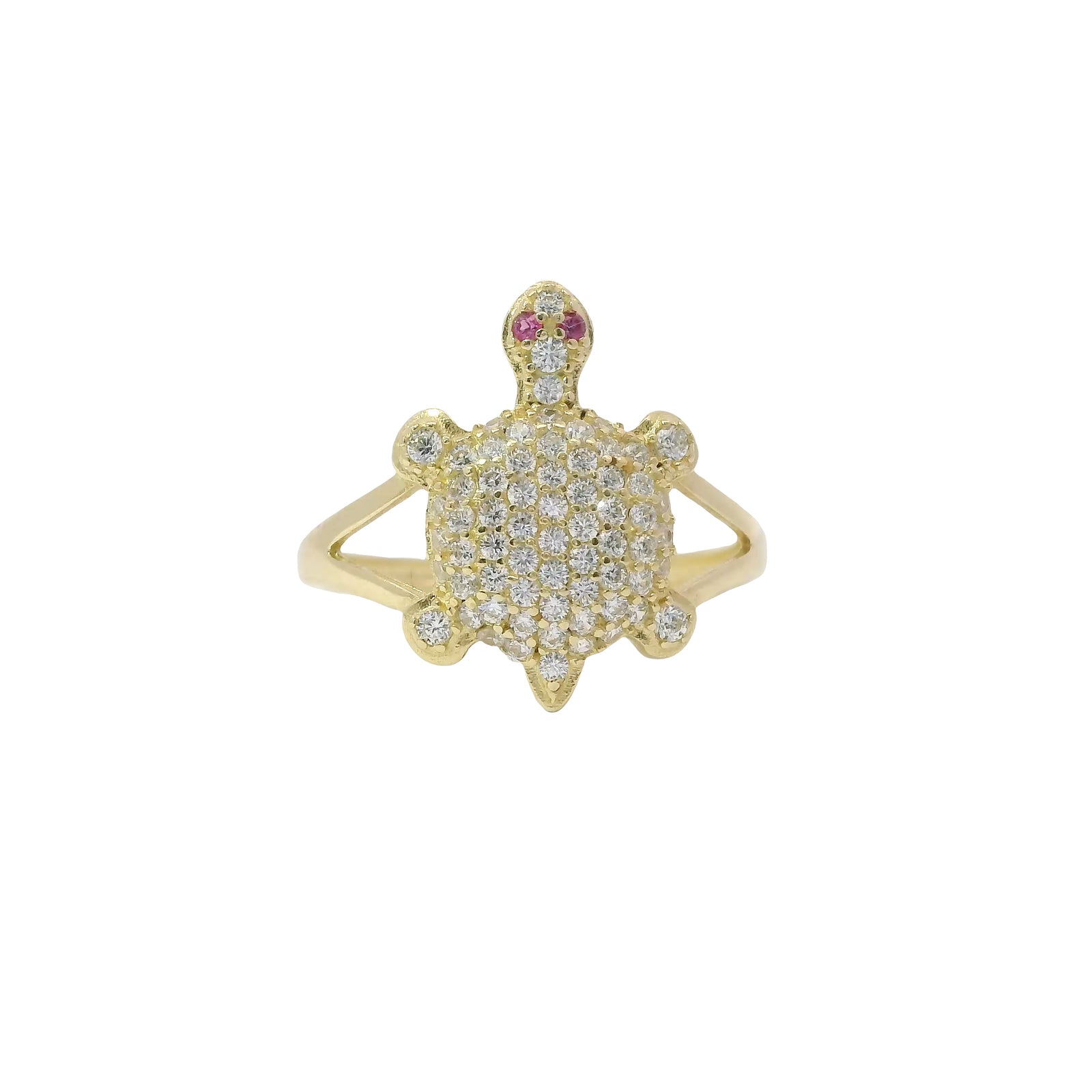 14KT Women's Gold Ring Mini White CZ Stone Turtle Shell with Red CZ Eyes and White Feet Plain Border Plain Split Band
