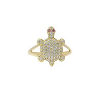 14KT Women's Gold Ring Mini White CZ Stone Turtle Shell with Red CZ Eyes and White Feet Plain Border Plain Split Band