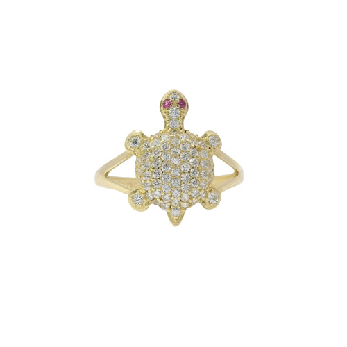 14KT Women's Gold Ring Mini White CZ Stone Turtle Shell with Red CZ Eyes and White Feet Plain Border Plain Split Band