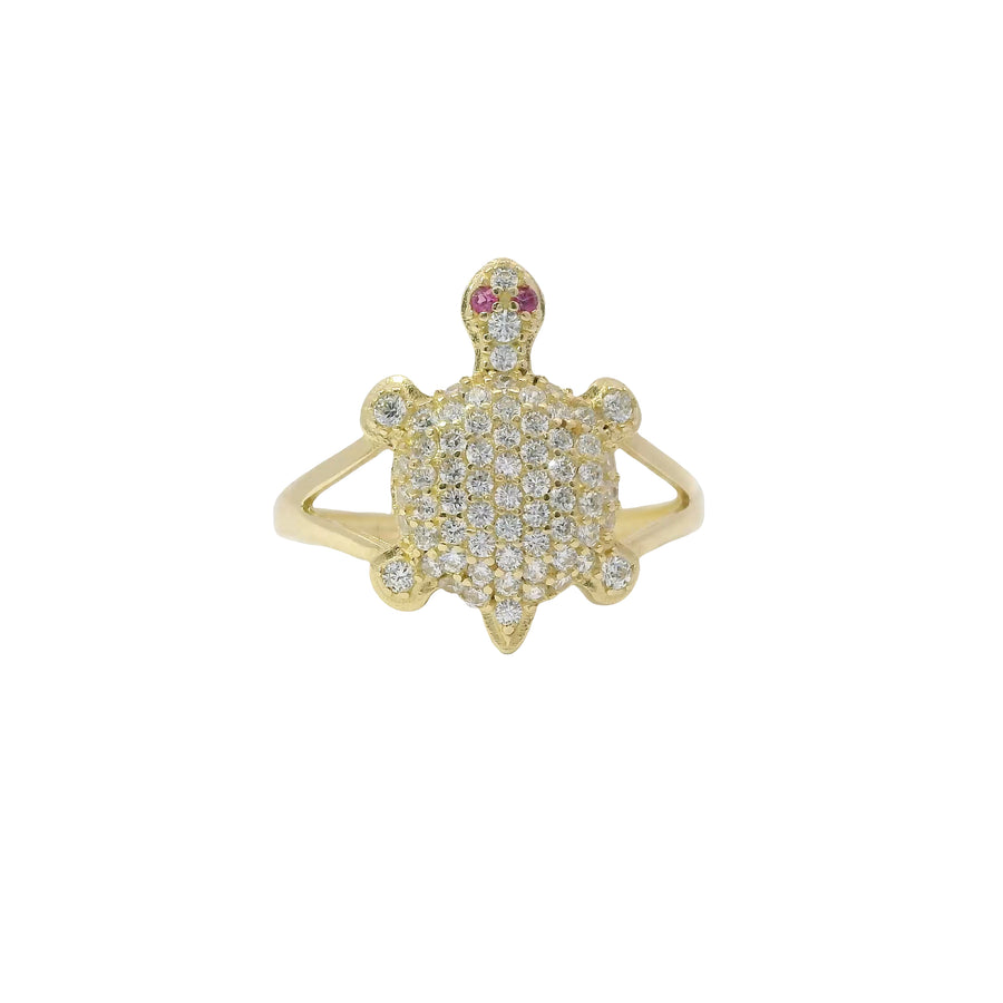 14KT Women's Gold Ring Mini White CZ Stone Turtle Shell with Red CZ Eyes and White Feet Plain Border Plain Split Band