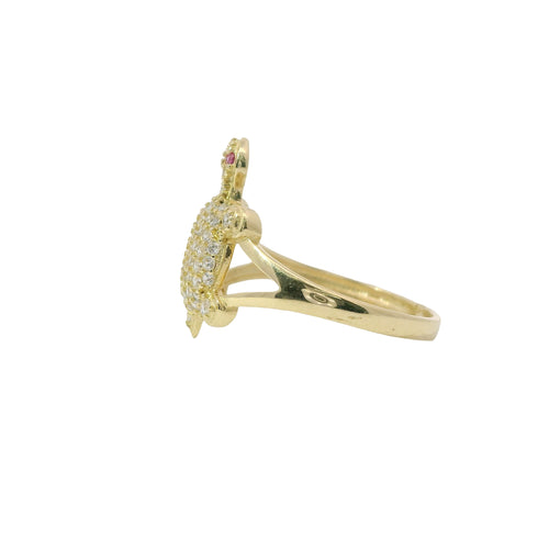 14KT Women's Gold Ring Mini White CZ Stone Turtle Shell with Red CZ Eyes and White Feet Plain Border Plain Split Band