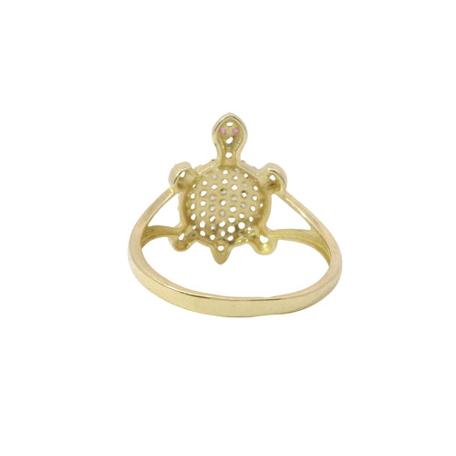 14KT Women's Gold Ring Mini White CZ Stone Turtle Shell with Red CZ Eyes and White Feet Plain Border Plain Split Band