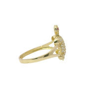 14KT Women's Gold Ring Mini White CZ Stone Turtle Shell with Red CZ Eyes and White Feet Plain Border Plain Split Band