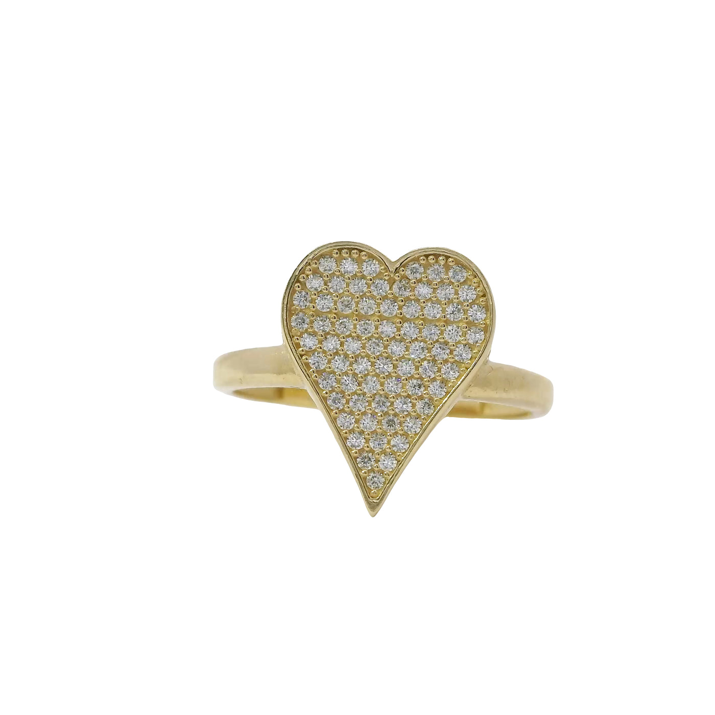14KT Gold Ring Women's White CZ Stones Tall Heart with Plain Border and Band