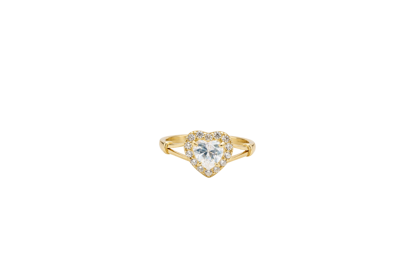 14KT Gold Ring Women's White Heart Shape Center CZ Stone with White CZ Stone Border and Plain Split Band with Knots