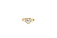 14KT Gold Ring Women's White Heart Shape Center CZ Stone with White CZ Stone Border and Plain Split Band with Knots