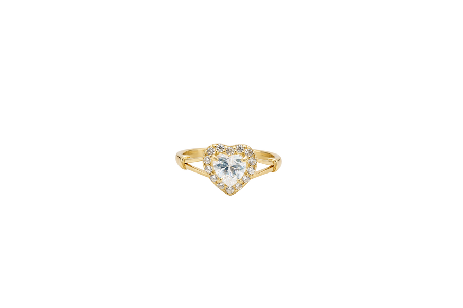 14KT Gold Ring Women's White Heart Shape Center CZ Stone with White CZ Stone Border and Plain Split Band with Knots
