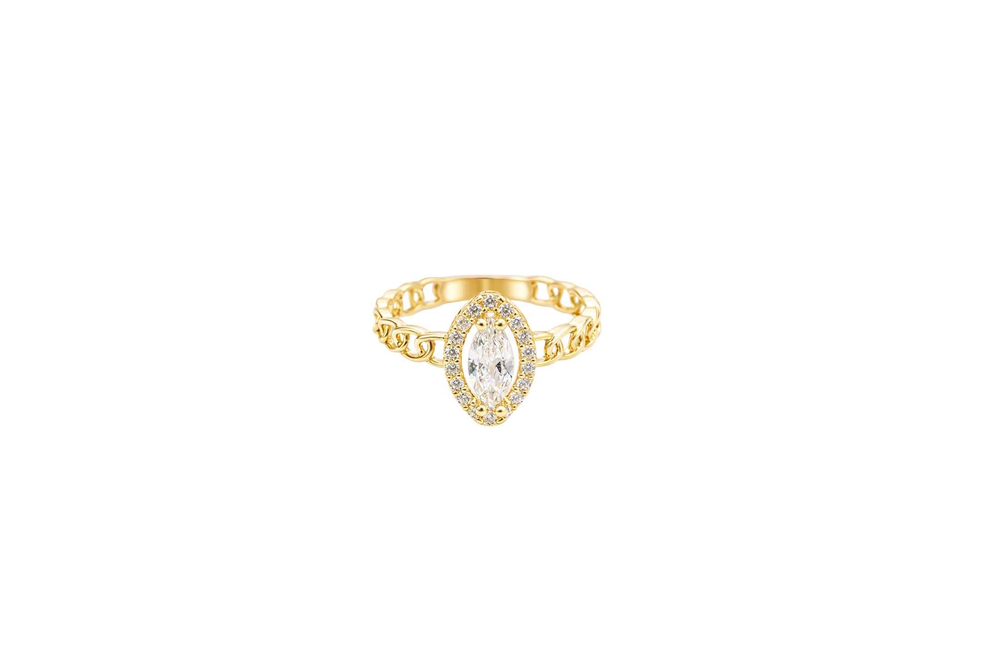 14KT Gold Women's Ring Marquise White Center Stone with White CZ Stone Border Chino Band