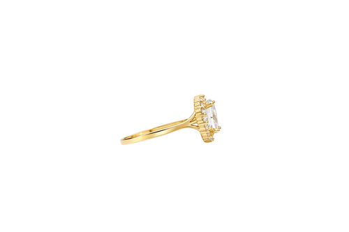 14KT Gold Ring Women's Oval White CZ Stone Center with Round White CZ Stones Border and Mini Plain Double Split Band
