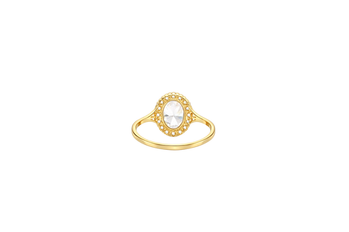 14KT Gold Ring Women's Oval White CZ Stone Center with Round White CZ Stones Border and Mini Plain Double Split Band
