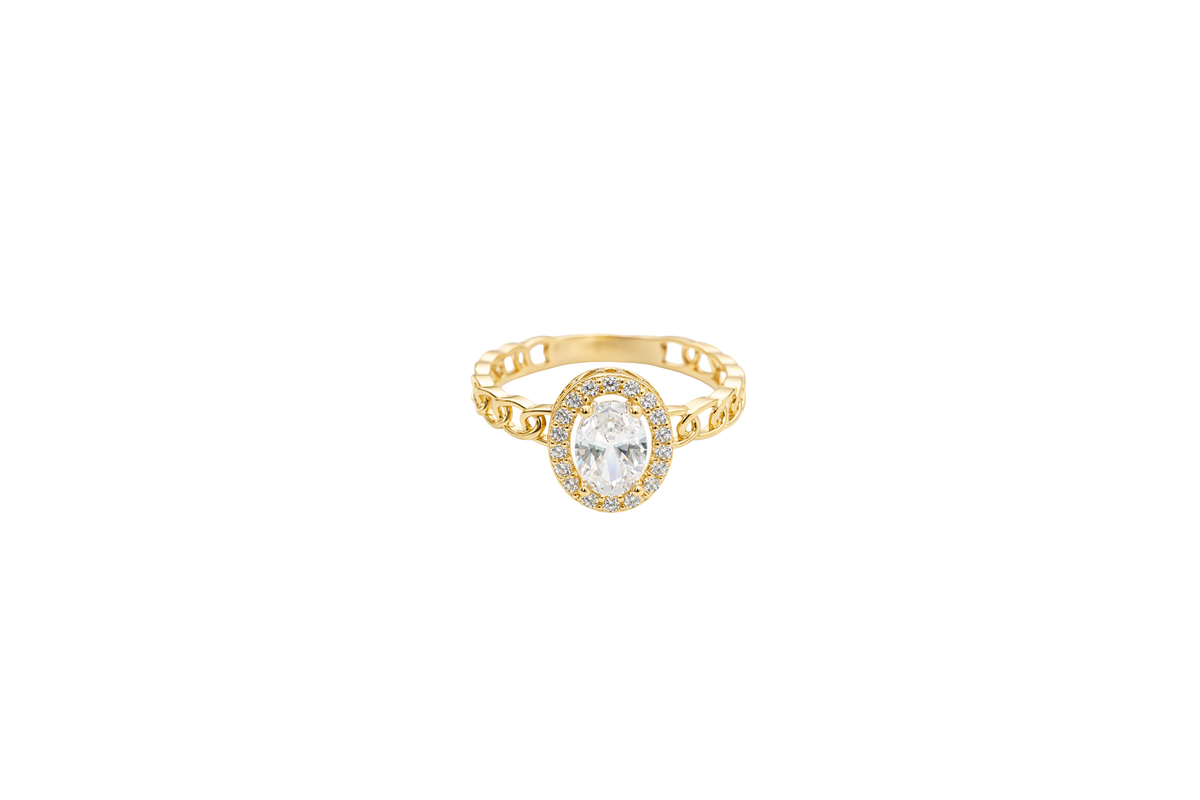14KT Gold Ring Women's Oval White Center Stone with White CZ Stone Border Chino Band