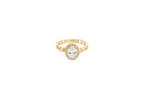 14KT Gold Ring Women's Oval White Center Stone with White CZ Stone Border Chino Band