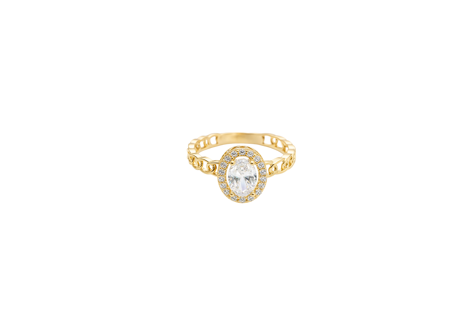 14KT Gold Ring Women's Oval White Center Stone with White CZ Stone Border Chino Band