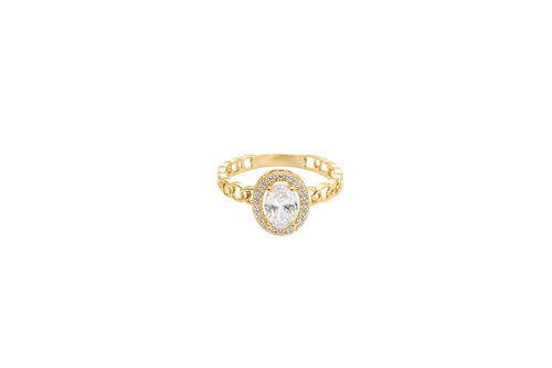 14KT Gold Ring Women's Oval White Center Stone with White CZ Stone Border Chino Band