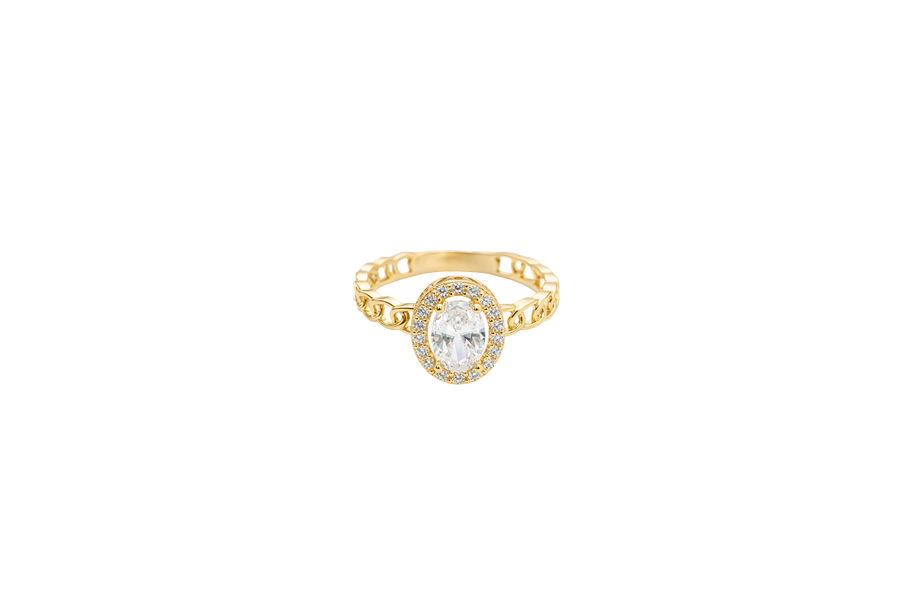14KT Gold Ring Women's Oval White Center Stone with White CZ Stone Border Chino Band