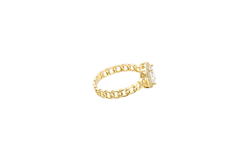 14KT Gold Ring Women's Oval White Center Stone with White CZ Stone Border Chino Band