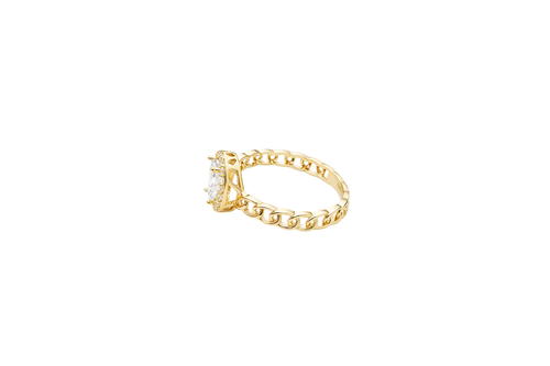 14KT Gold Ring Women's Oval White Center Stone with White CZ Stone Border Chino Band