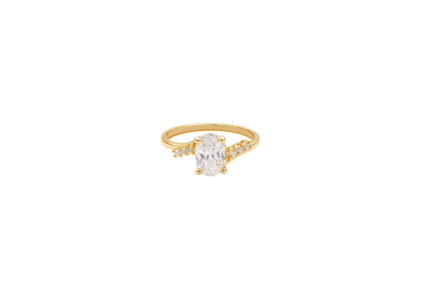 14KT Gold Ring Women's White Oval Center CZ Stone with 3 High/Low Round White CZ Stones Shoulders and Plain Band
