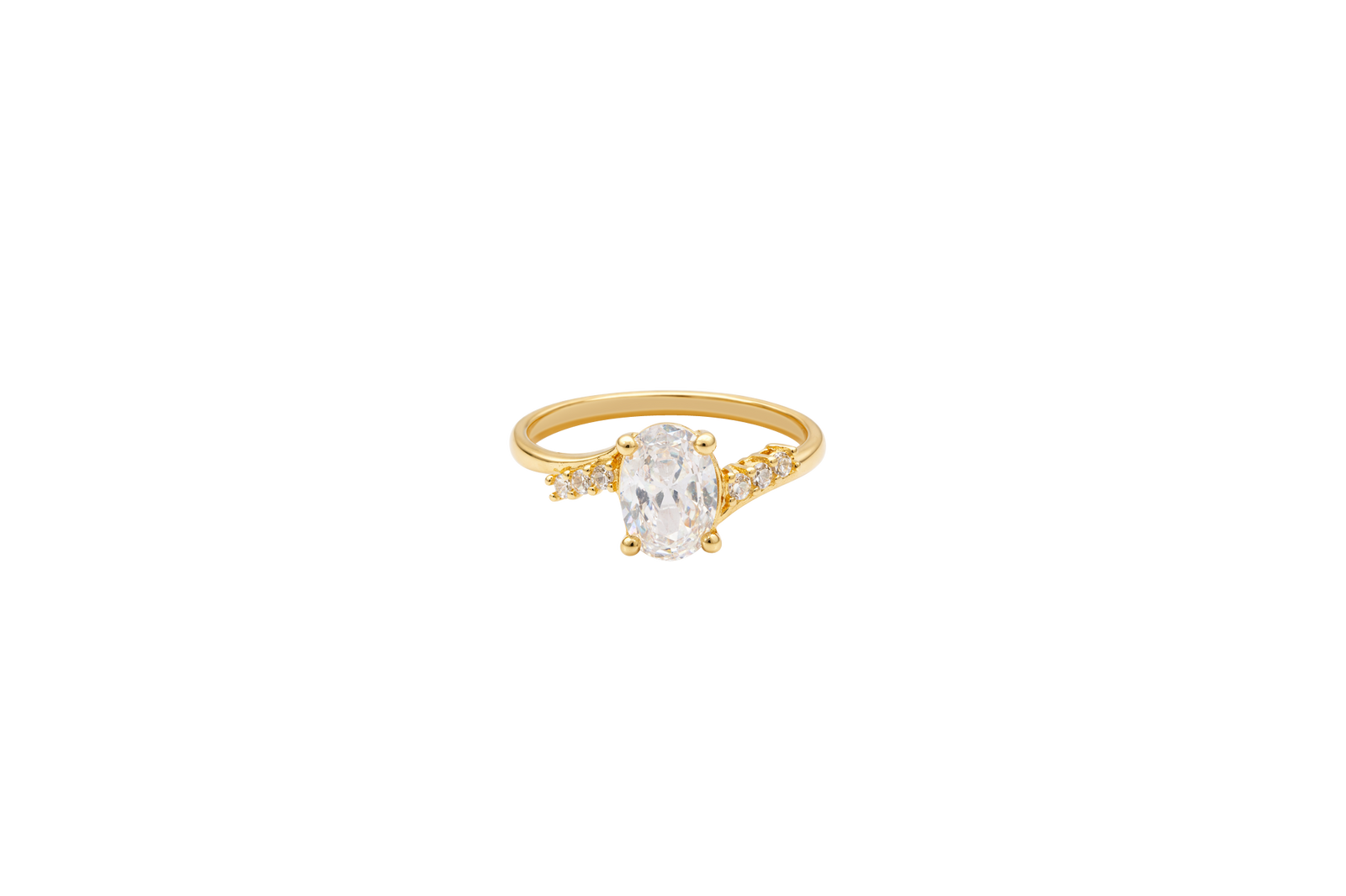 14KT Gold Ring Women's White Oval Center CZ Stone with 3 High/Low Round White CZ Stones Shoulders and Plain Band