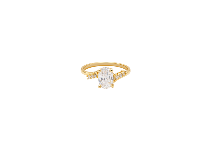 14KT Gold Ring Women's White Oval Center CZ Stone with 3 High/Low Round White CZ Stones Shoulders and Plain Band