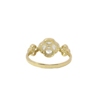 14KT Gold Ring Women's Jumbo Flower White Square CZ Stone Center Four White CZ Stone Oval Petals with Two White CZ Stone Side Flowers and Borders with Plain Band