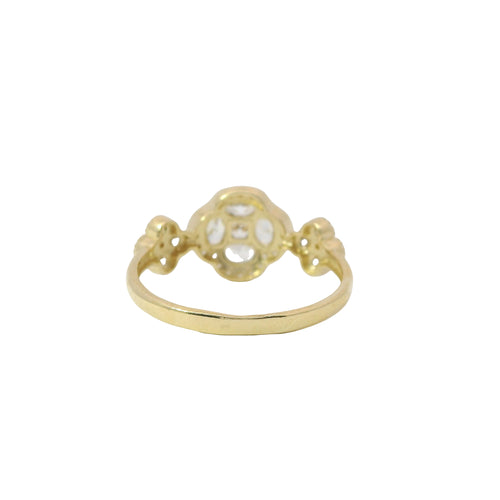 14KT Gold Ring Women's Jumbo Flower White Square CZ Stone Center Four White CZ Stone Oval Petals with Two White CZ Stone Side Flowers and Borders with Plain Band