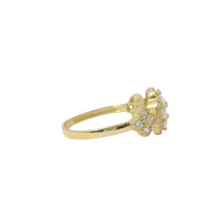 14KT Gold Ring Women's Jumbo Flower White Square CZ Stone Center Four White CZ Stone Oval Petals with Two White CZ Stone Side Flowers and Borders with Plain Band