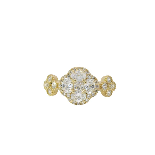 14KT Gold Ring Women's Jumbo Flower White Square CZ Stone Center Four White CZ Stone Oval Petals with Two White CZ Stone Side Flowers and Borders with Plain Band