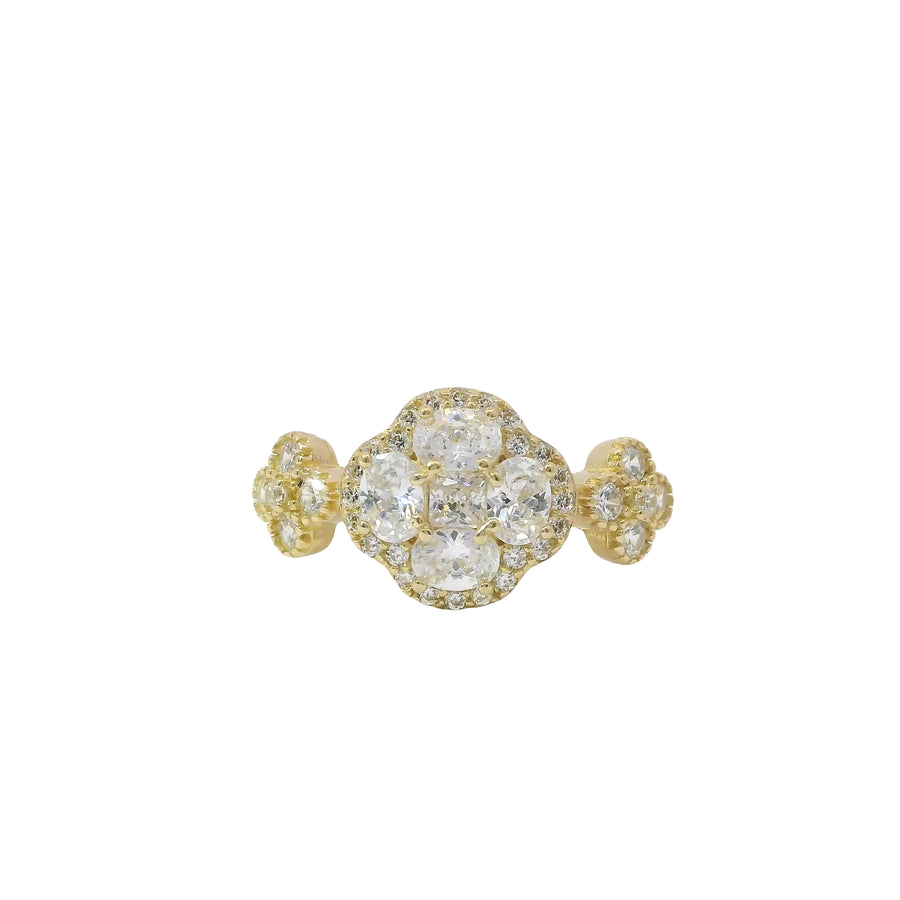 14KT Gold Ring Women's Jumbo Flower White Square CZ Stone Center Four White CZ Stone Oval Petals with Two White CZ Stone Side Flowers and Borders with Plain Band