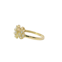 14KT Gold Ring Women's Jumbo Flower White Square CZ Stone Center Four White CZ Stone Oval Petals with Two White CZ Stone Side Flowers and Borders with Plain Band