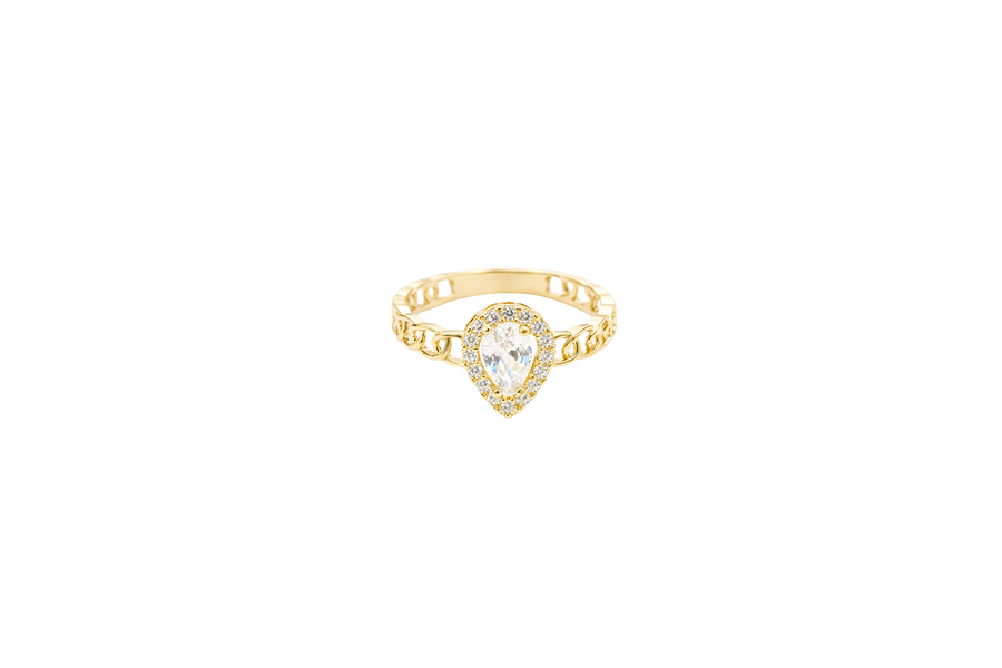 14KT Gold Ring Women's Pear White Center Stone with White CZ Stone Border Chino Band