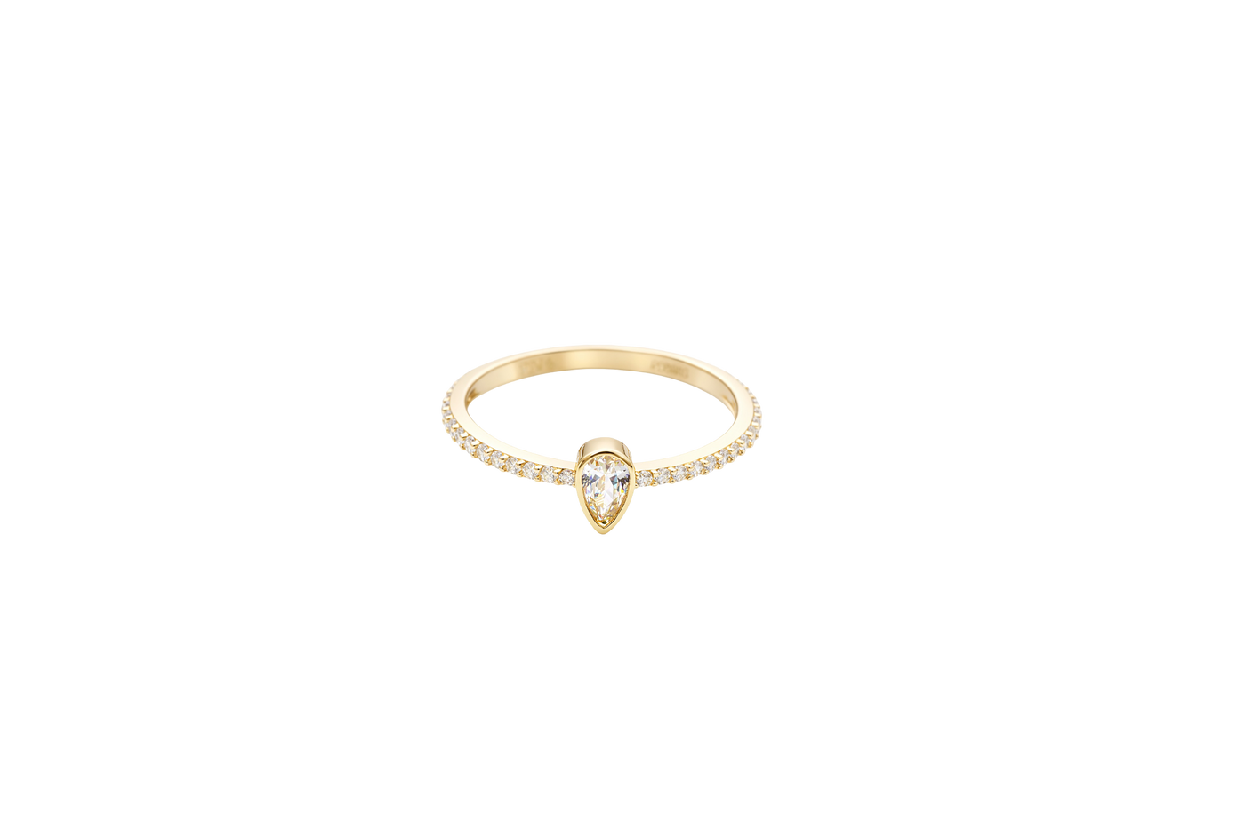 14KT Gold Ring Women's White Pear Tear Drop Center CZ Stone with Round White CZ Stones Band