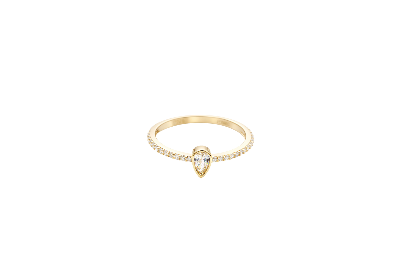 14KT Gold Ring Women's White Pear Tear Drop Center CZ Stone with Round White CZ Stones Band