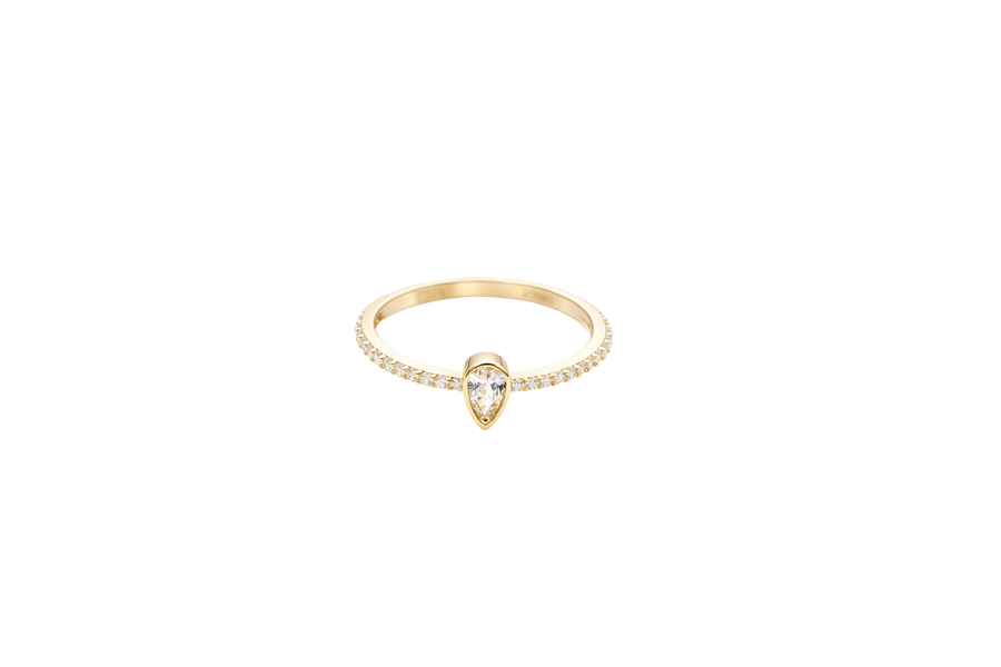 14KT Gold Ring Women's White Pear Tear Drop Center CZ Stone with Round White CZ Stones Band